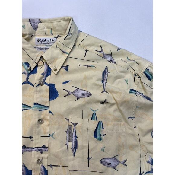 Columbia Fish All Over Print Shirt Men XL Yellow Short Sleeve - Picture 2 of 7
